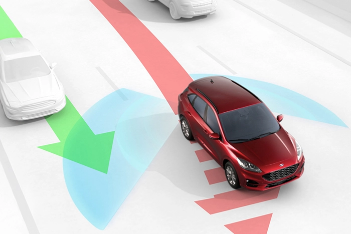 Visuele weergave van het dodehoeksysteem dat via sensoren een auto in de blinde hoek signaleert en een waarschuwingssignaal acti